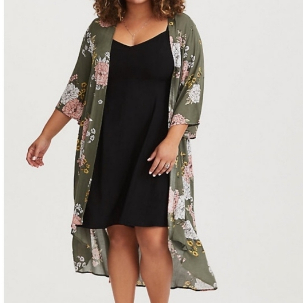 2514 * Torrid Floral Challis Kimono Olive Green Size 00/0